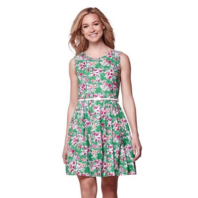 Green floral print belted sleeveless dress